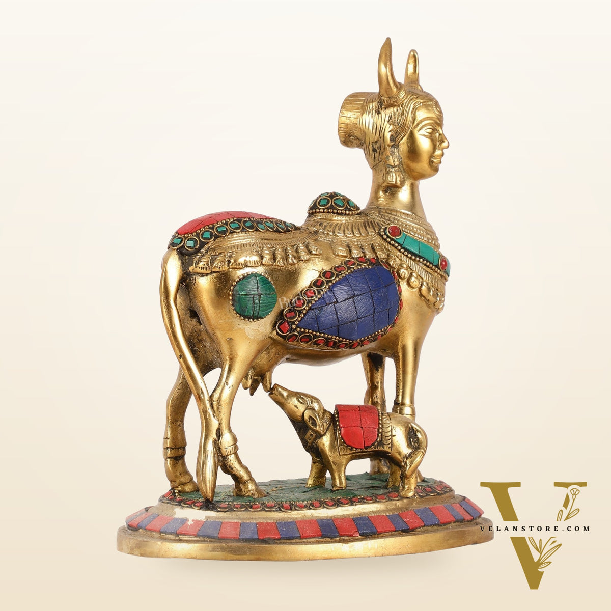 Superfine Brass Kamdhenu Cow with Calf Idol | Height 8.5 inch