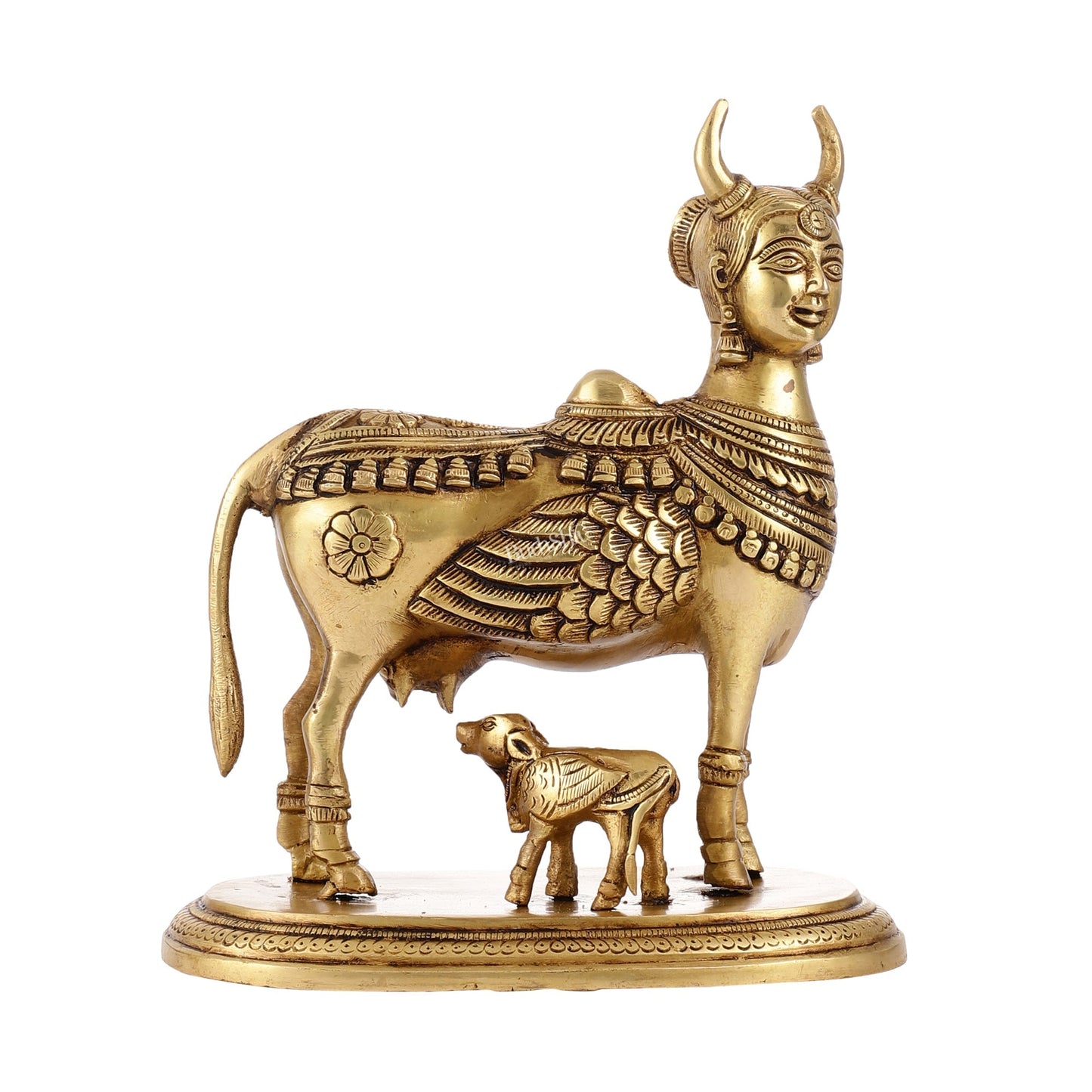 Superfine Brass Kamdhenu Cow with Calf Idol | Height 8.5 inch