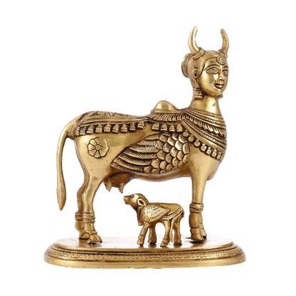 Superfine Brass Kamdhenu Cow with Calf Idol | Height 8.5 inch