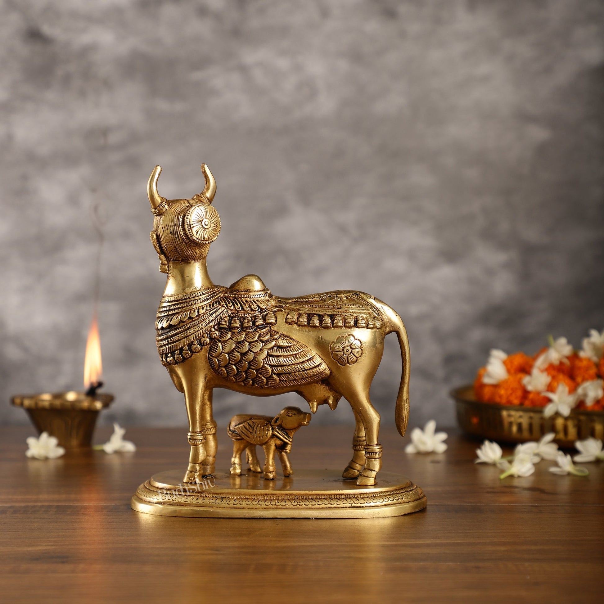 Superfine Brass Kamdhenu Cow with Calf Idol | Height 8.5 inch