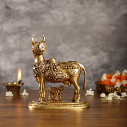 Superfine Brass Kamdhenu Cow with Calf Idol | Height 8.5 inch
