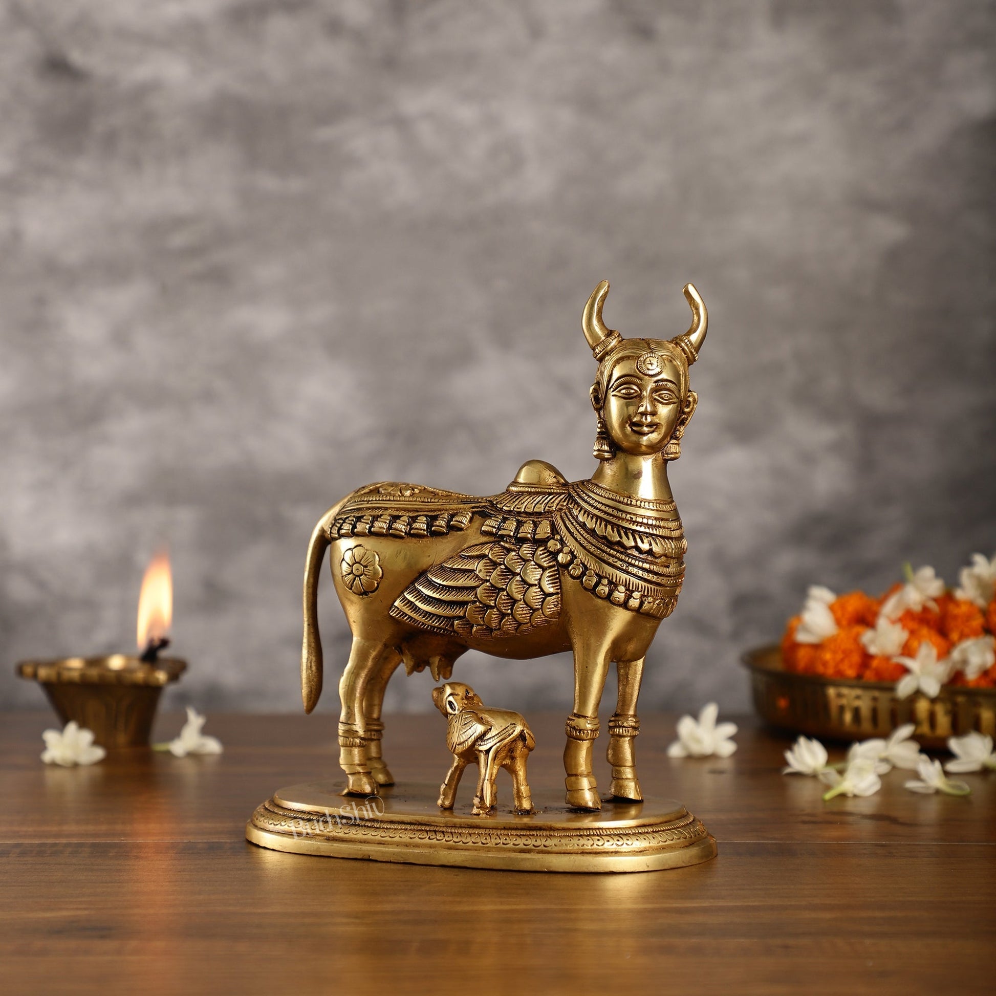 Superfine Brass Kamdhenu Cow with Calf Idol | Height 8.5 inch