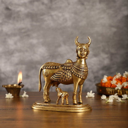 Superfine Brass Kamdhenu Cow with Calf Idol | Height 8.5 inch