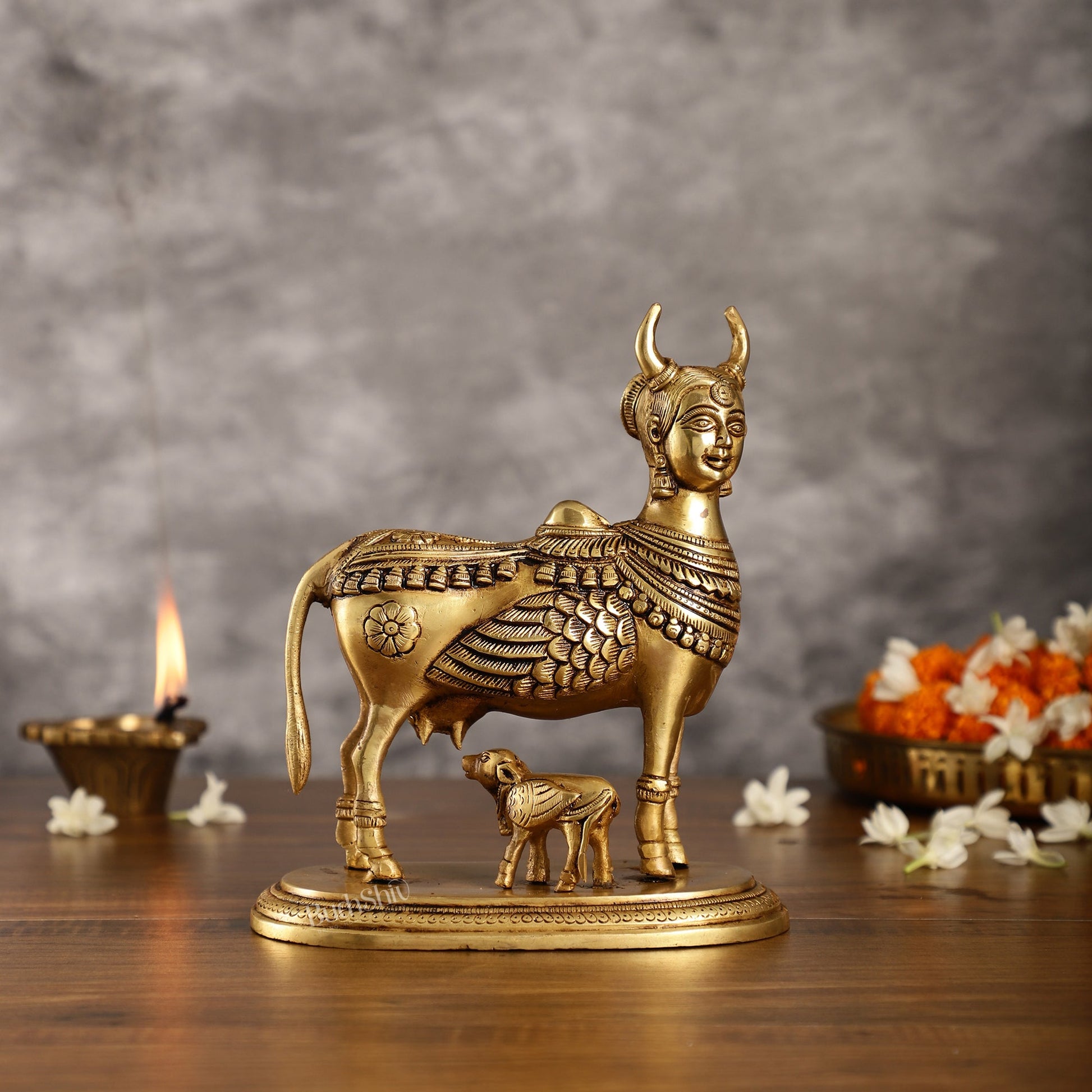 Superfine Brass Kamdhenu Cow with Calf Idol | Height 8.5 inch