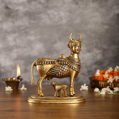 Superfine Brass Kamdhenu Cow with Calf Idol | Height 8.5 inch