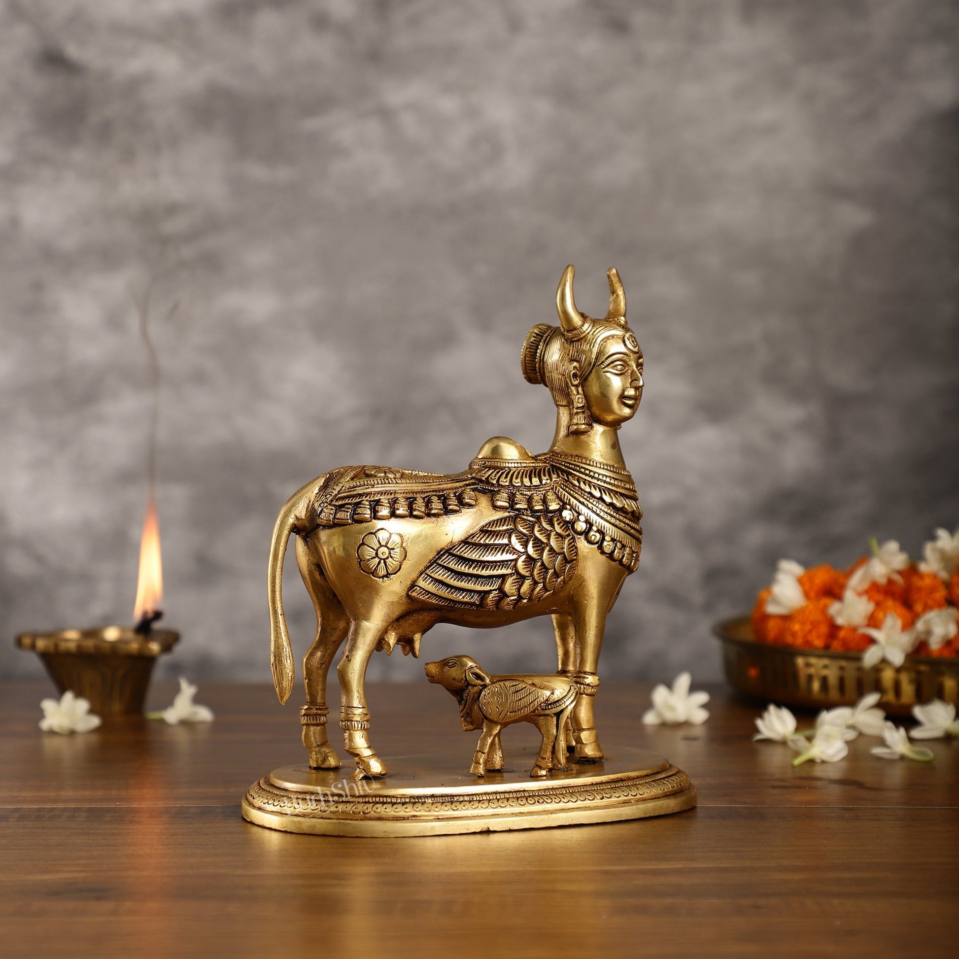 Superfine Brass Kamdhenu Cow with Calf Idol | Height 8.5 inch
