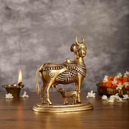 Superfine Brass Kamdhenu Cow with Calf Idol | Height 8.5 inch