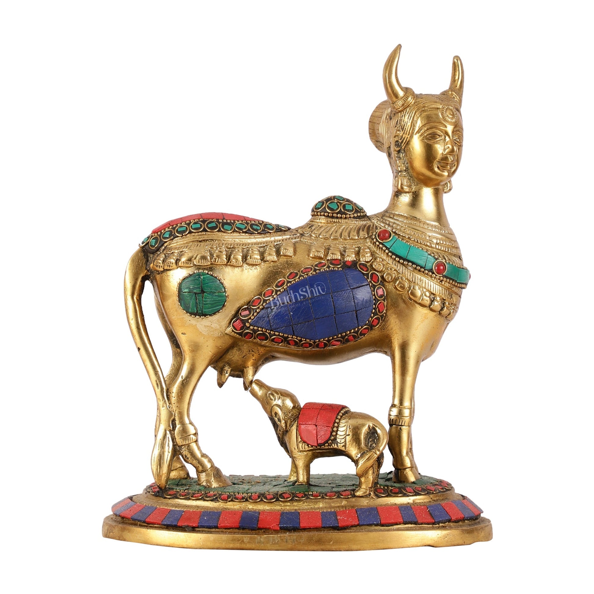 Superfine Brass Kamdhenu Cow with Calf Idol | Height 8.5 inch