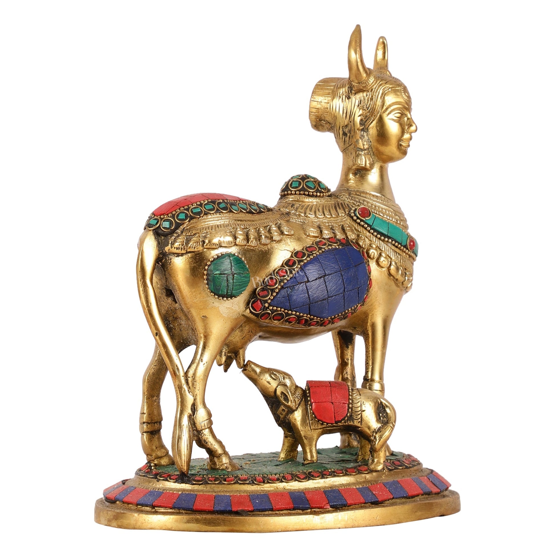 Superfine Brass Kamdhenu Cow with Calf Idol | Height 8.5 inch