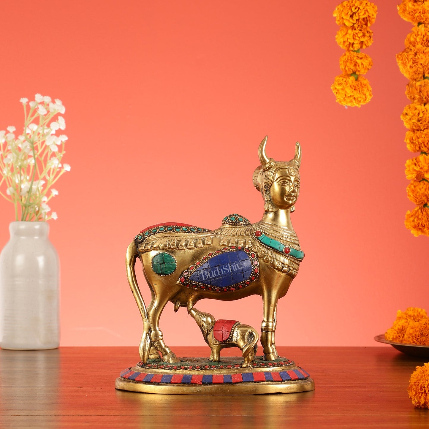 Superfine Brass Kamdhenu Cow with Calf Idol | Height 8.5 inch
