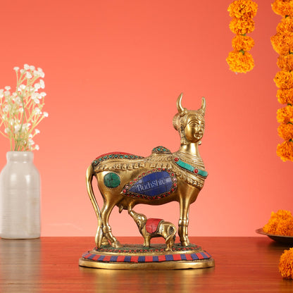 Superfine Brass Kamdhenu Cow with Calf Idol | Height 8.5 inch