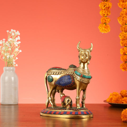 Superfine Brass Kamdhenu Cow with Calf Idol | Height 8.5 inch