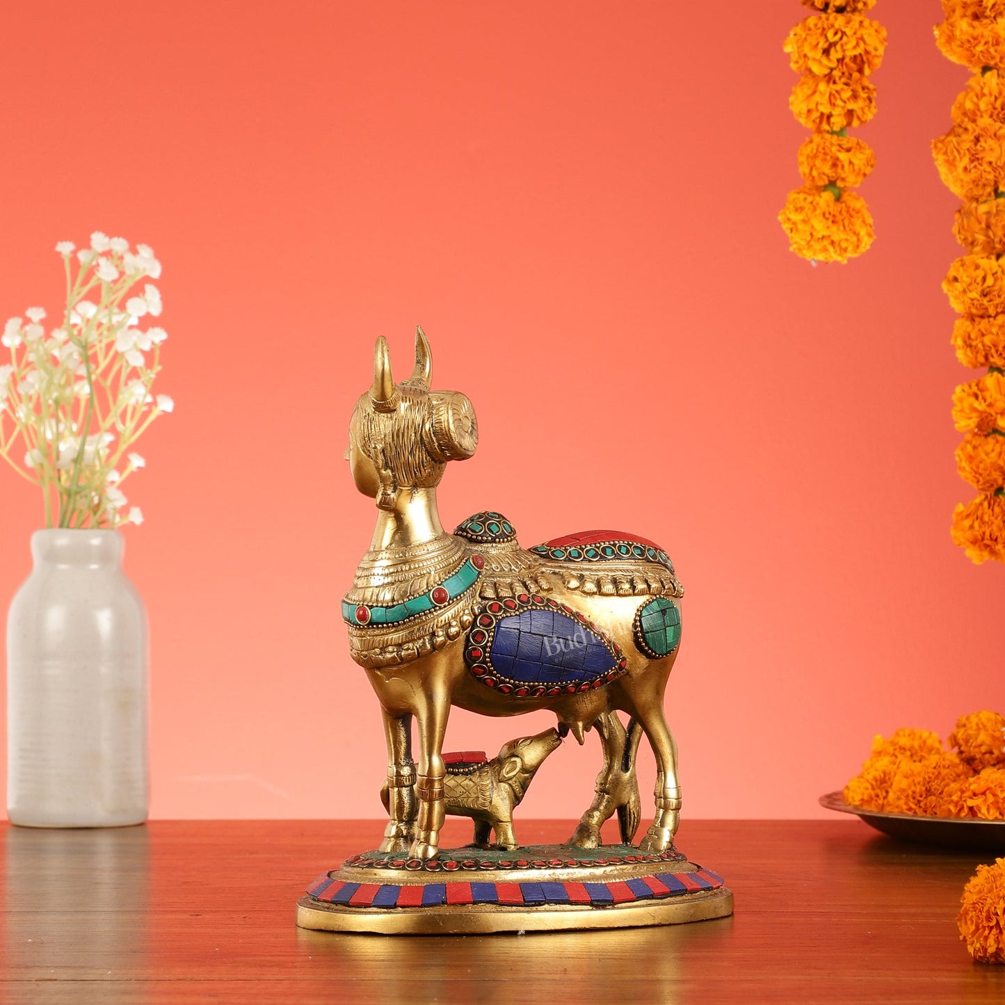 Superfine Brass Kamdhenu Cow with Calf Idol | Height 8.5 inch