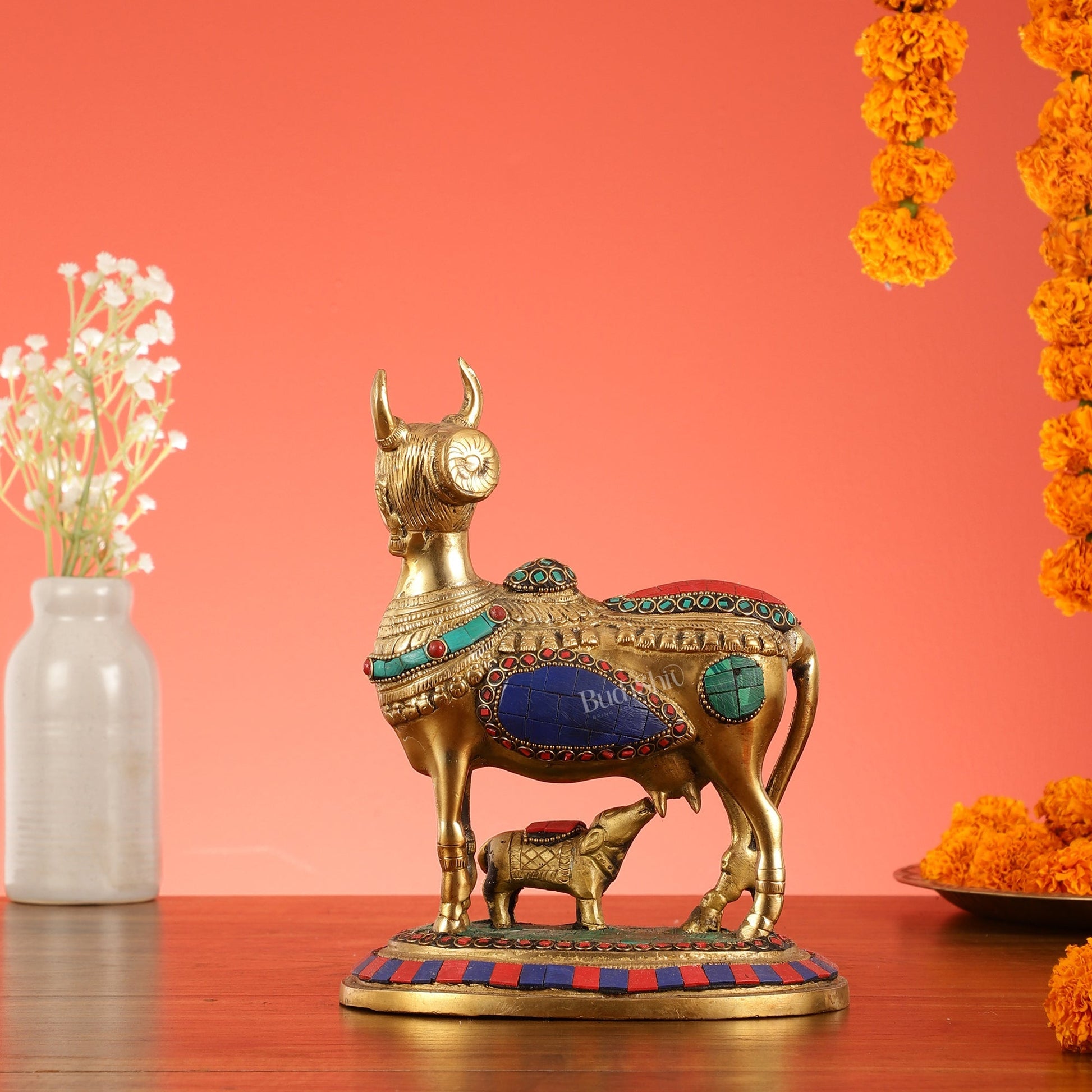 Superfine Brass Kamdhenu Cow with Calf Idol | Height 8.5 inch