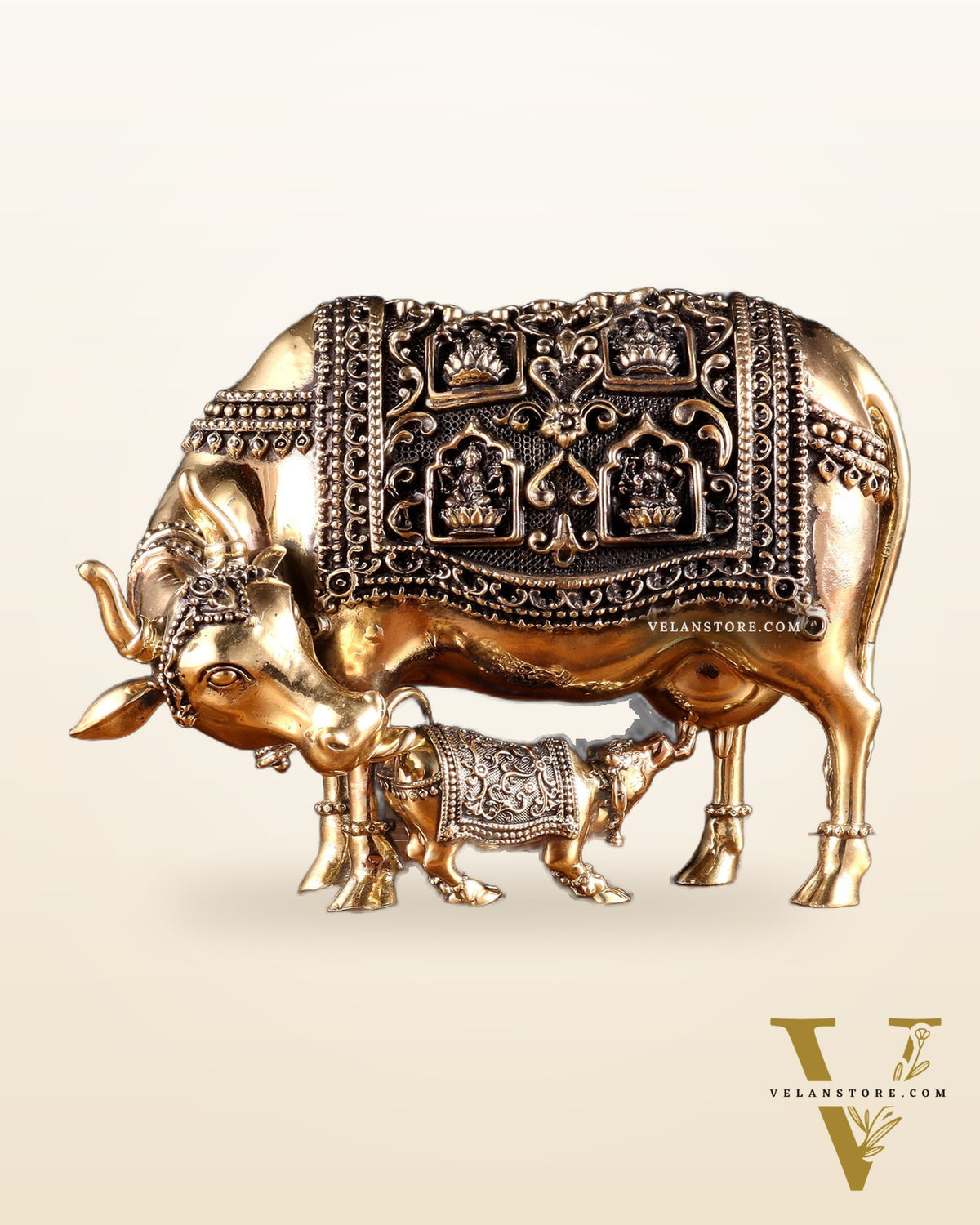 Superfine Brass Kamdhenu Cow with Calf – With Ganesha & Lakshmi Engravings 9"
