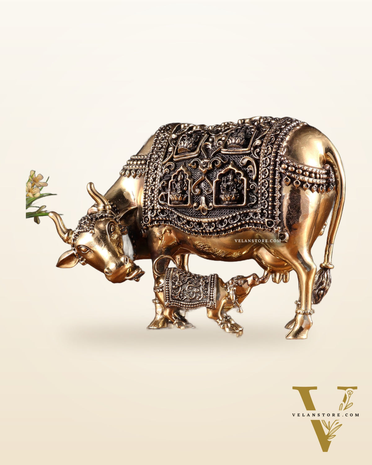 Superfine Brass Kamdhenu Cow with Calf – With Ganesha & Lakshmi Engravings 9"
