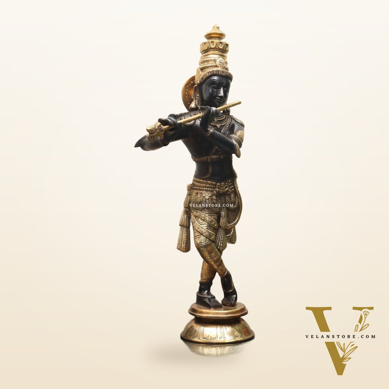 Superfine Brass Krishna Idol Black and Golden Finish |  23 Inch