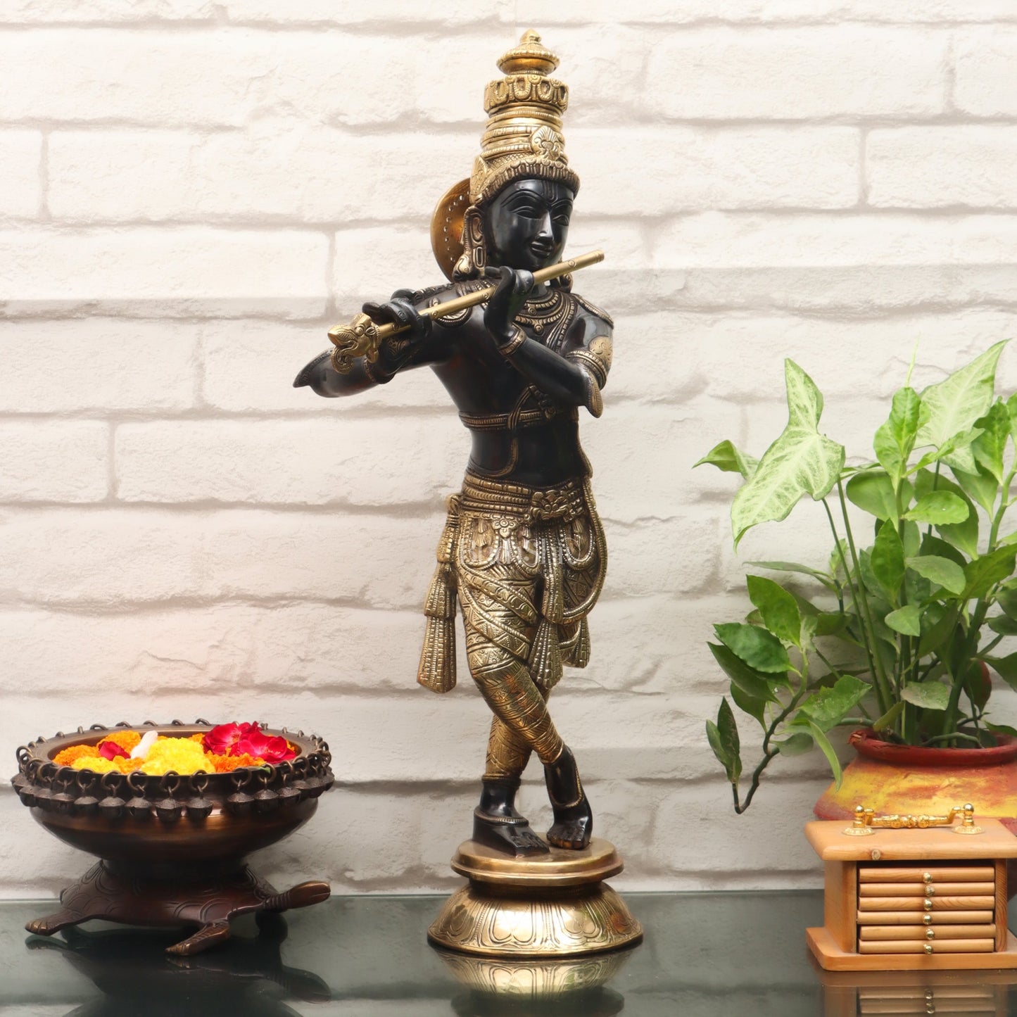 Superfine Brass Krishna Idol Black and Golden Finish |  23 Inch