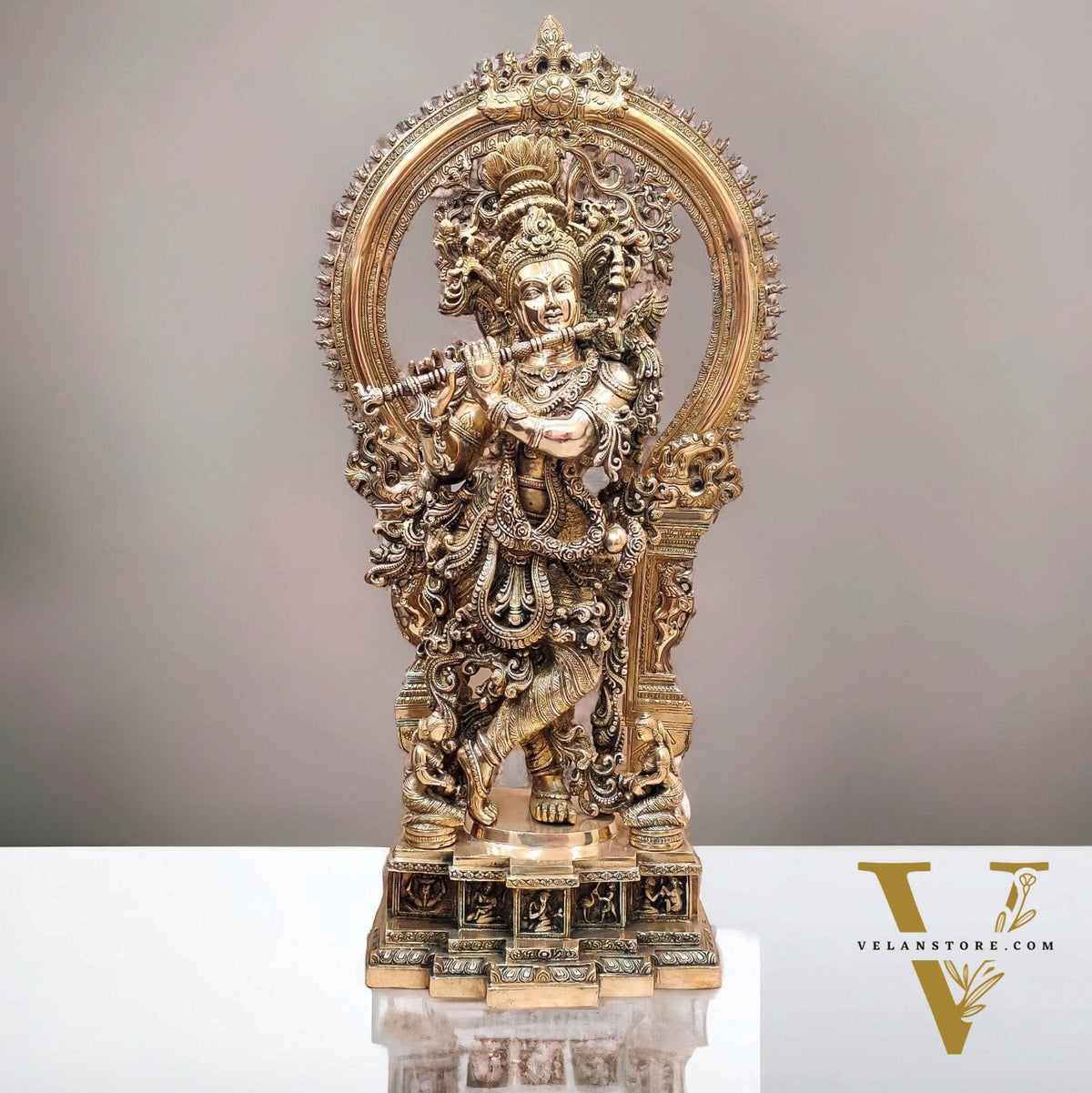 Superfine Brass Krishna Statue | Embossed Prabhaval 32"