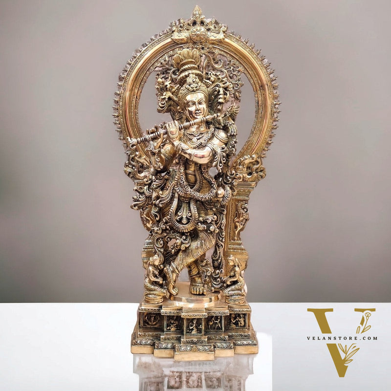 Superfine Brass Krishna Statue | Embossed Prabhaval 32"