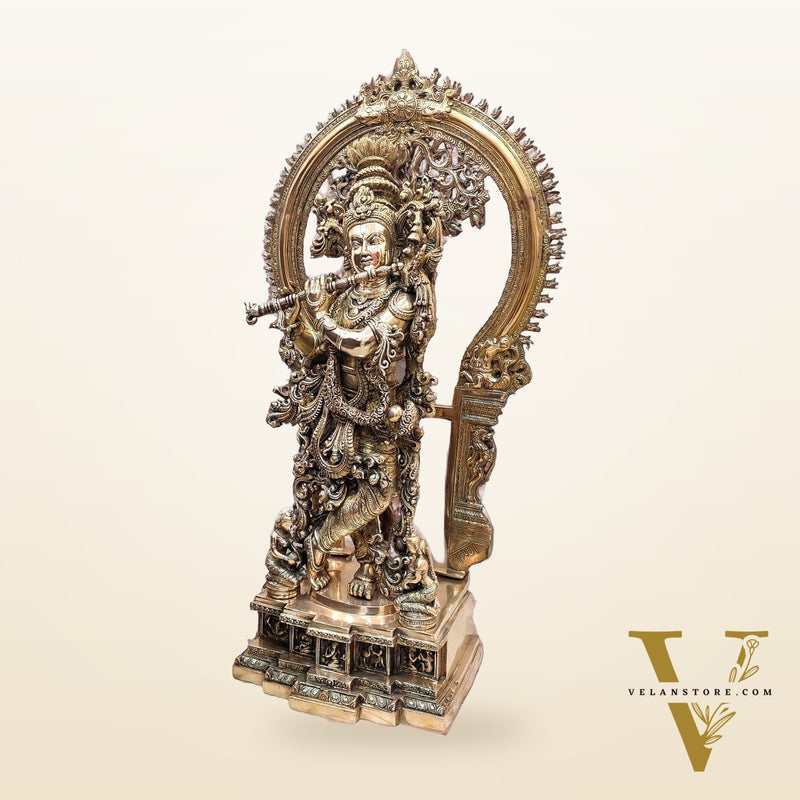 Superfine Brass Krishna Statue | Embossed Prabhaval 32"