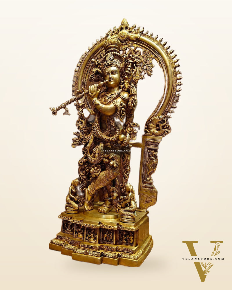 Superfine Brass Krishna Statue | Embossed Prabhaval 32"