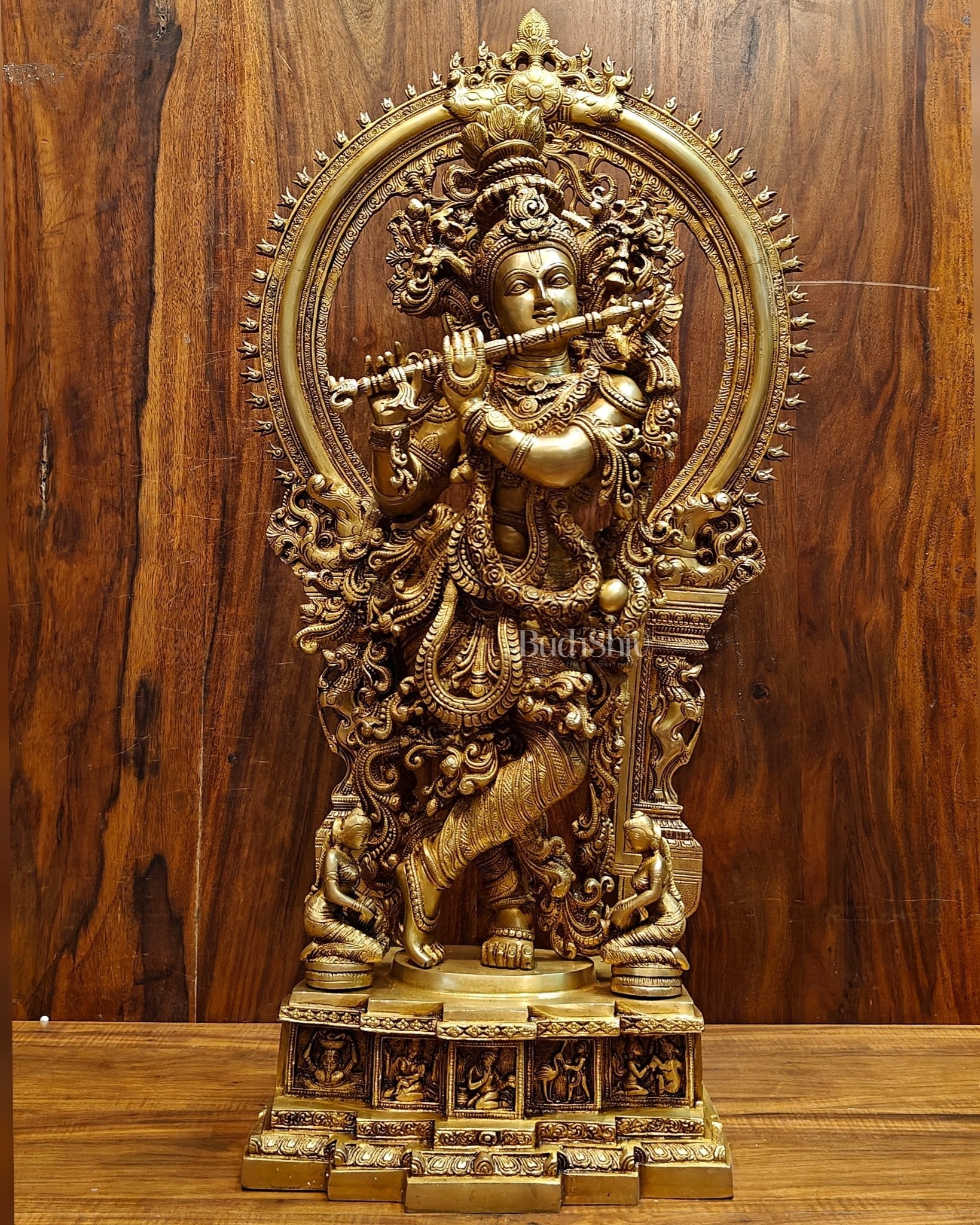 Superfine Brass Krishna Statue | Embossed Prabhaval 32"