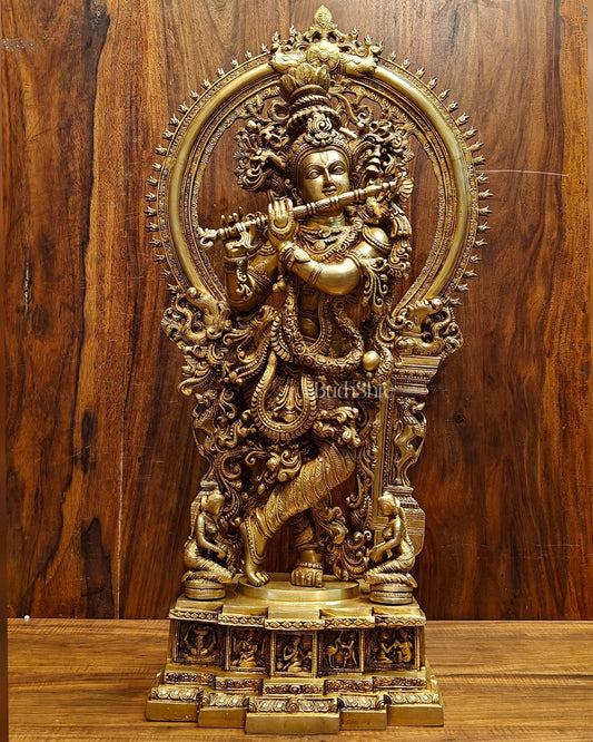 Superfine Brass Krishna Statue | Embossed Prabhaval 32"