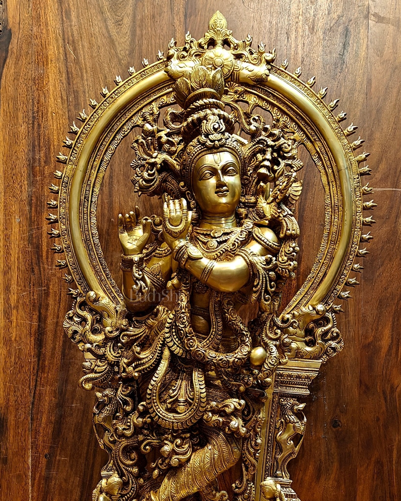 Superfine Brass Krishna Statue | Embossed Prabhaval 32"