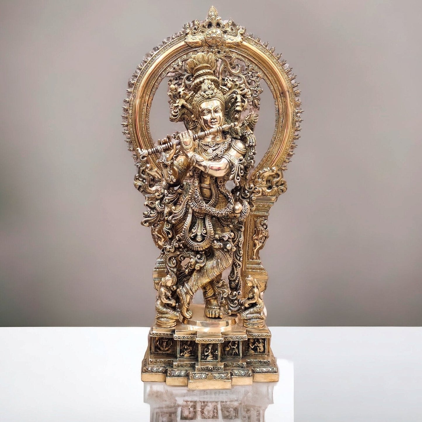 Superfine Brass Krishna Statue | Embossed Prabhaval 32"