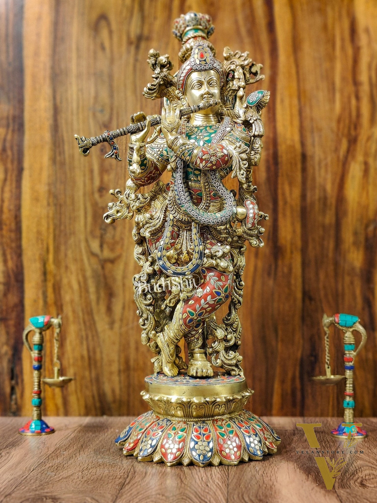 Superfine Brass Krishna Statue - Flute Playing Divine Figure on Lotus Base | 26" Height |