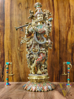 Superfine Brass Krishna Statue - Flute Playing Divine Figure on Lotus Base | 26" Height |