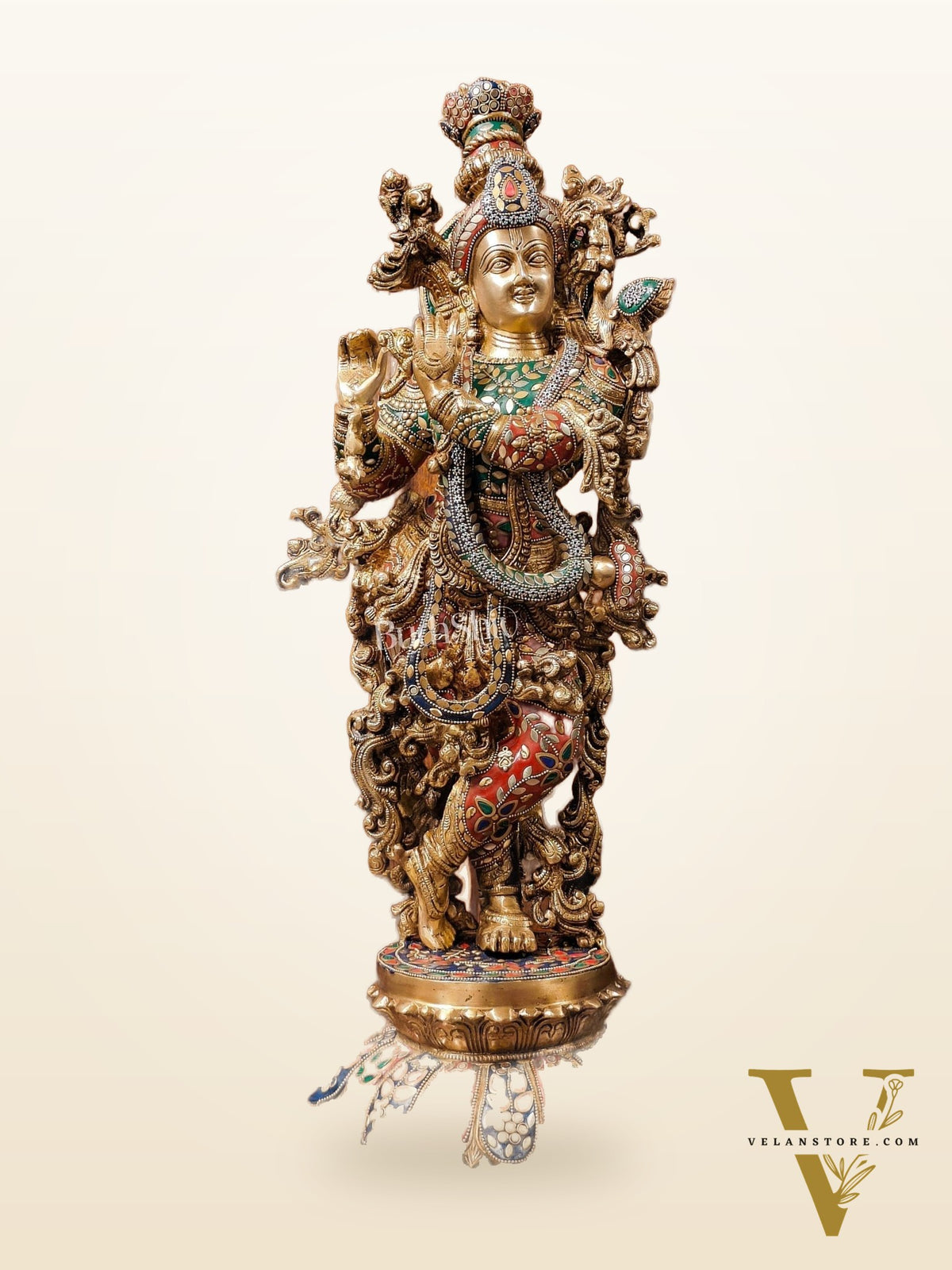 Superfine Brass Krishna Statue - Flute Playing Divine Figure on Lotus Base | 26" Height |