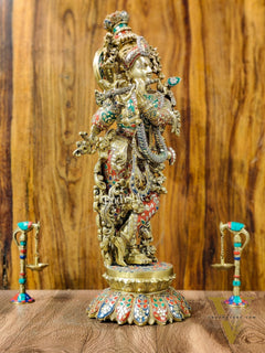 Superfine Brass Krishna Statue - Flute Playing Divine Figure on Lotus Base | 26" Height |