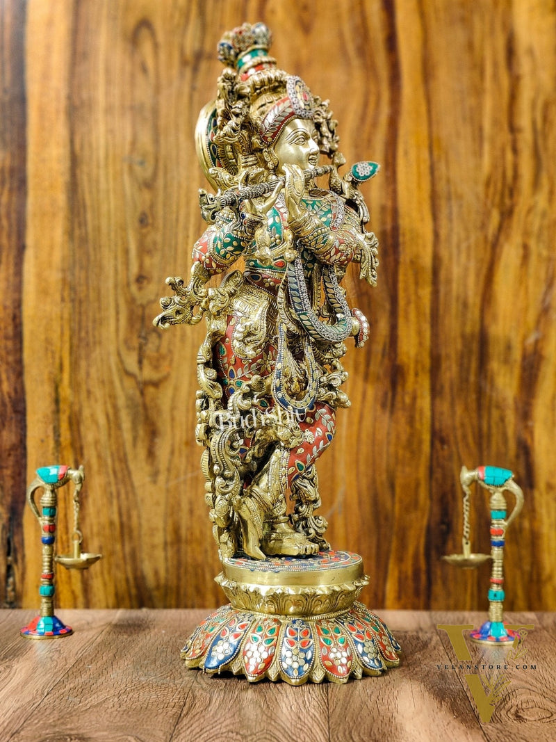 Superfine Brass Krishna Statue - Flute Playing Divine Figure on Lotus Base | 26" Height |