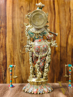 Superfine Brass Krishna Statue - Flute Playing Divine Figure on Lotus Base | 26" Height |