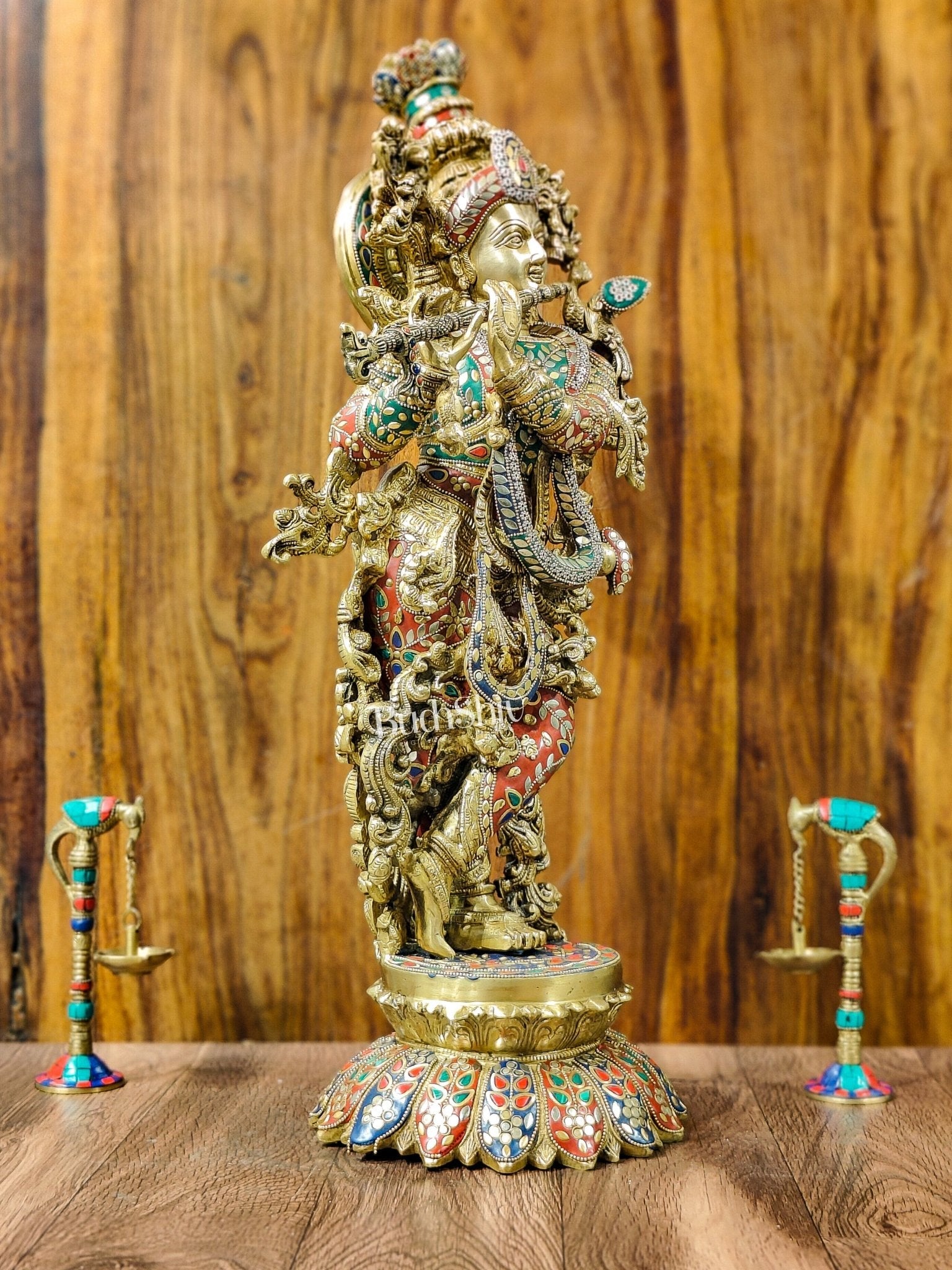 Superfine Brass Krishna Statue - Flute Playing Divine Figure on Lotus Base | 26" Height |