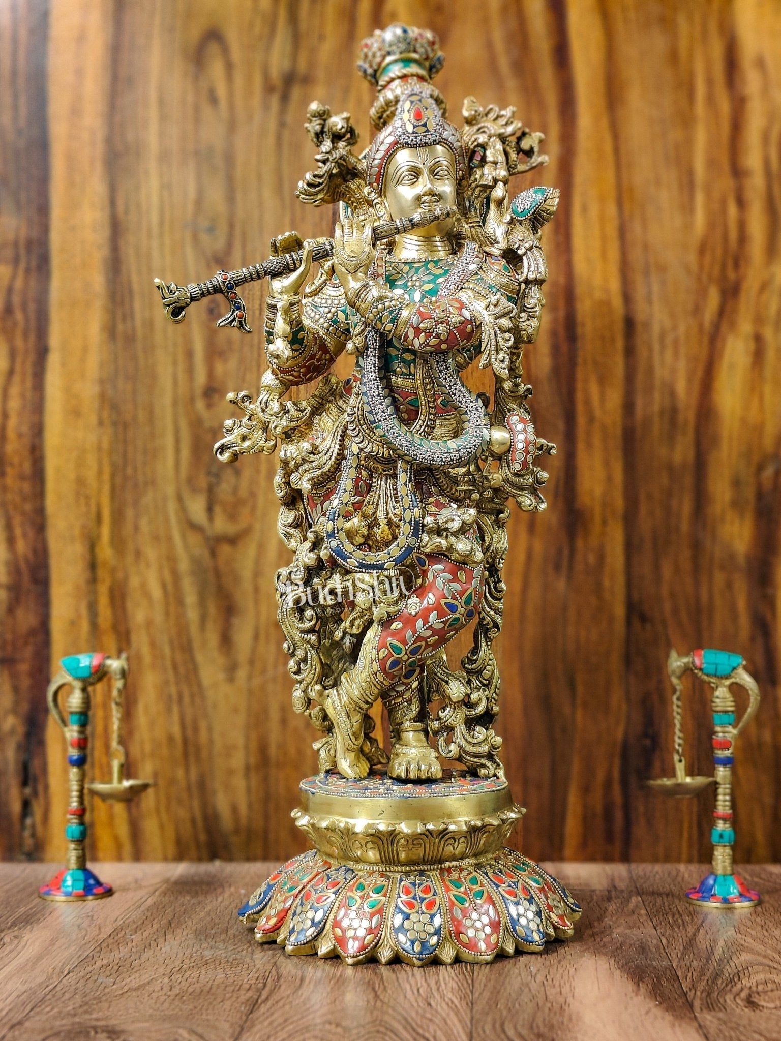 Superfine Brass Krishna Statue - Flute Playing Divine Figure on Lotus Base | 26" Height |