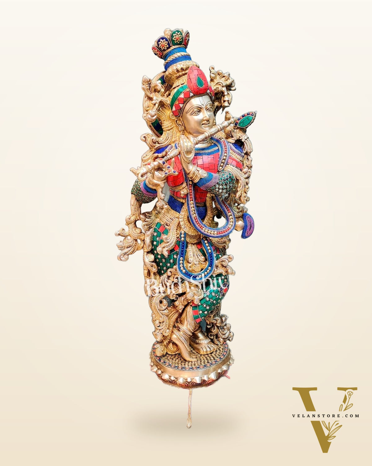 Superfine Brass Krishna Statue - Flute Playing on Lotus Base | 26" Height