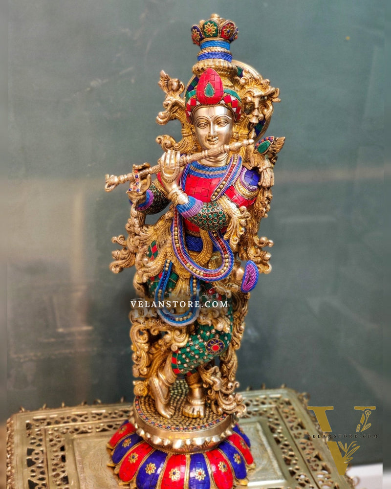 Superfine Brass Krishna Statue - Flute Playing on Lotus Base | 26" Height