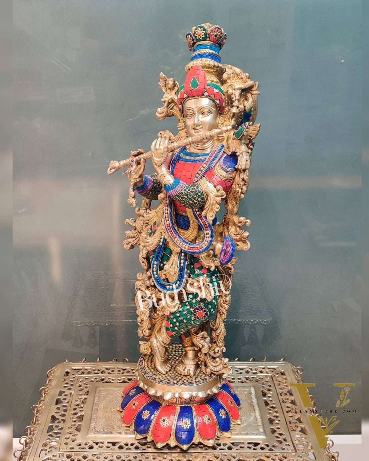 Superfine Brass Krishna Statue - Flute Playing on Lotus Base | 26" Height