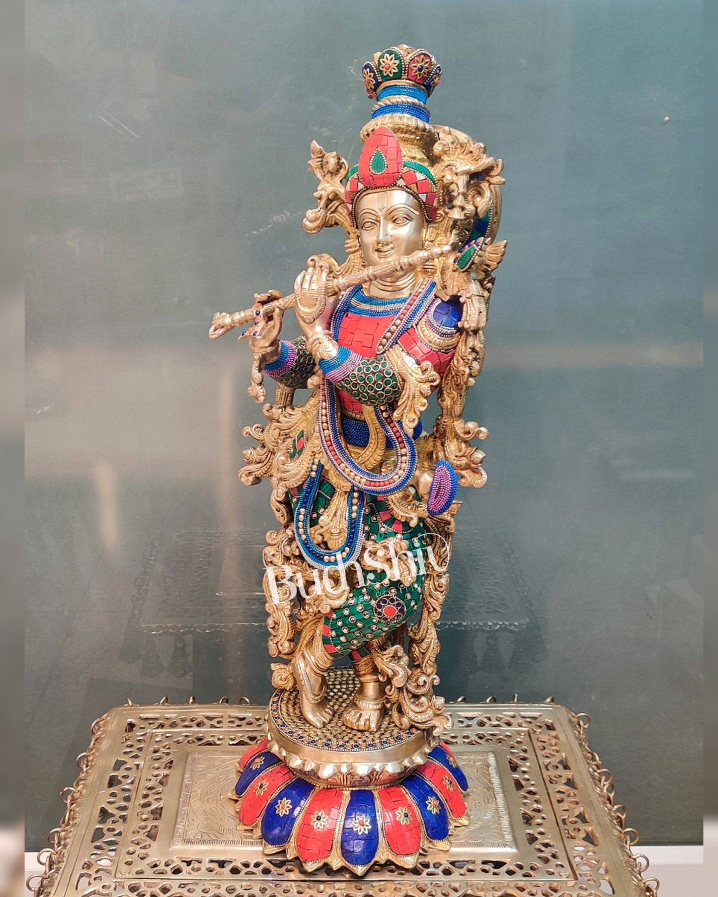 Superfine Brass Krishna Statue - Flute Playing on Lotus Base | 26" Height