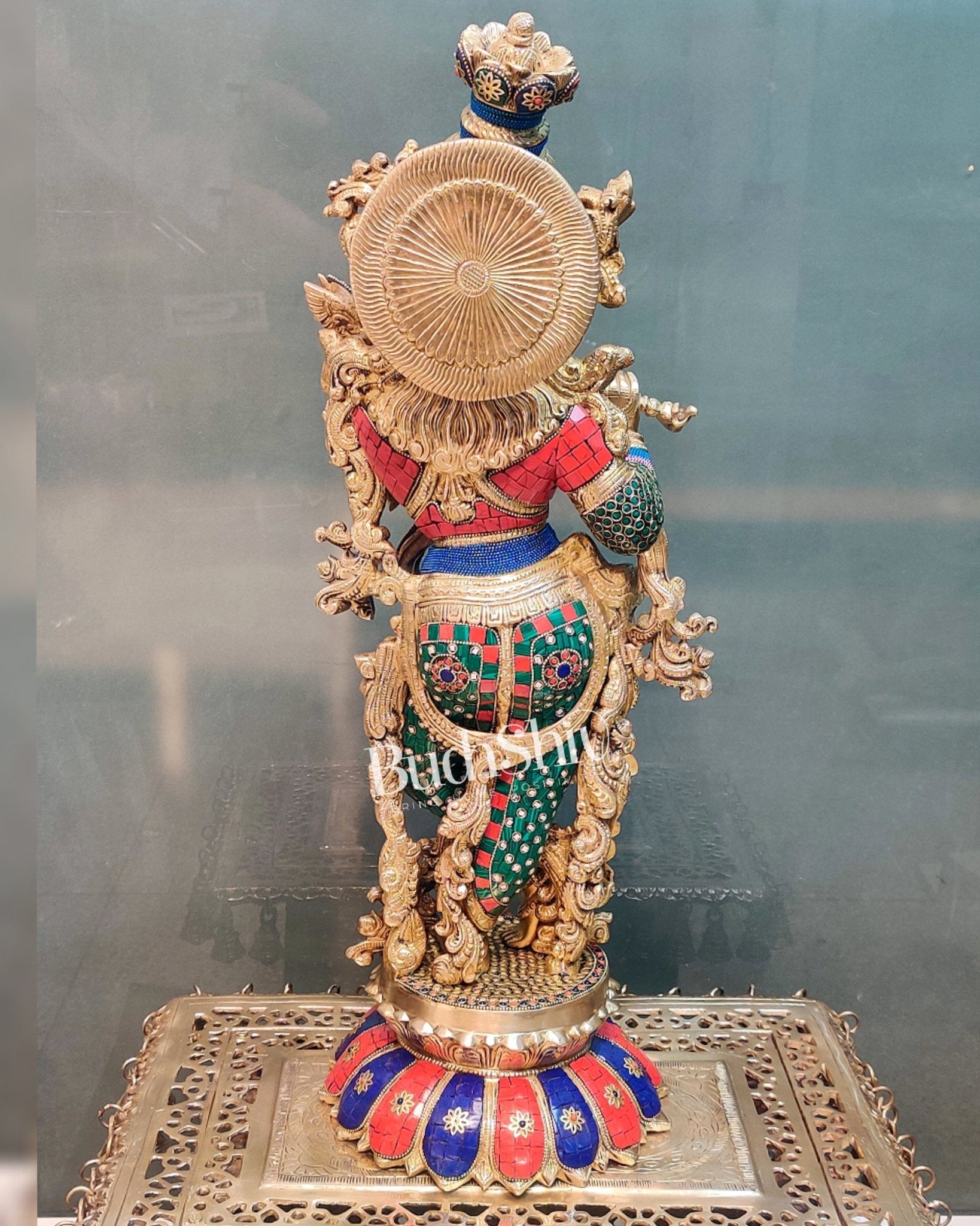 Superfine Brass Krishna Statue - Flute Playing on Lotus Base | 26" Height