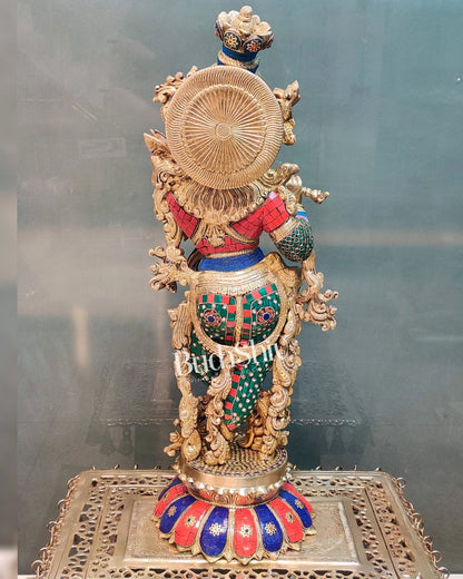 Superfine Brass Krishna Statue - Flute Playing on Lotus Base | 26" Height