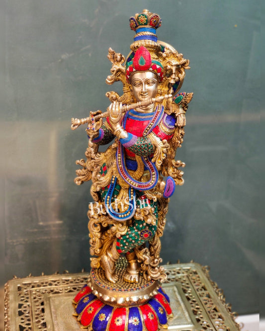 Superfine Brass Krishna Statue - Flute Playing on Lotus Base | 26" Height