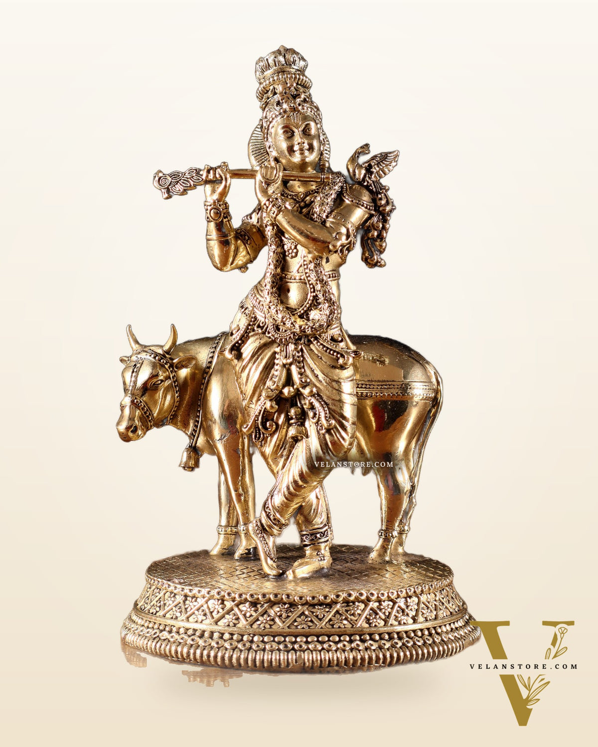 Superfine Brass Krishna with Cow idol - 7"