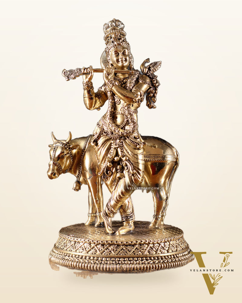 Superfine Brass Krishna with Cow idol - 7"