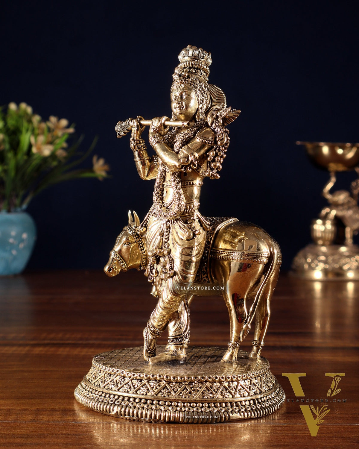 Superfine Brass Krishna with Cow idol - 7"