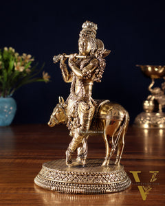 Superfine Brass Krishna with Cow idol - 7"