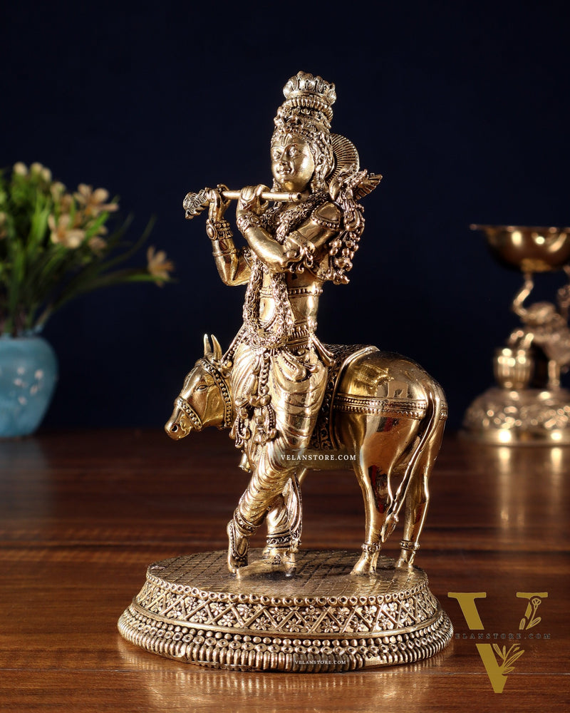 Superfine Brass Krishna with Cow idol - 7"